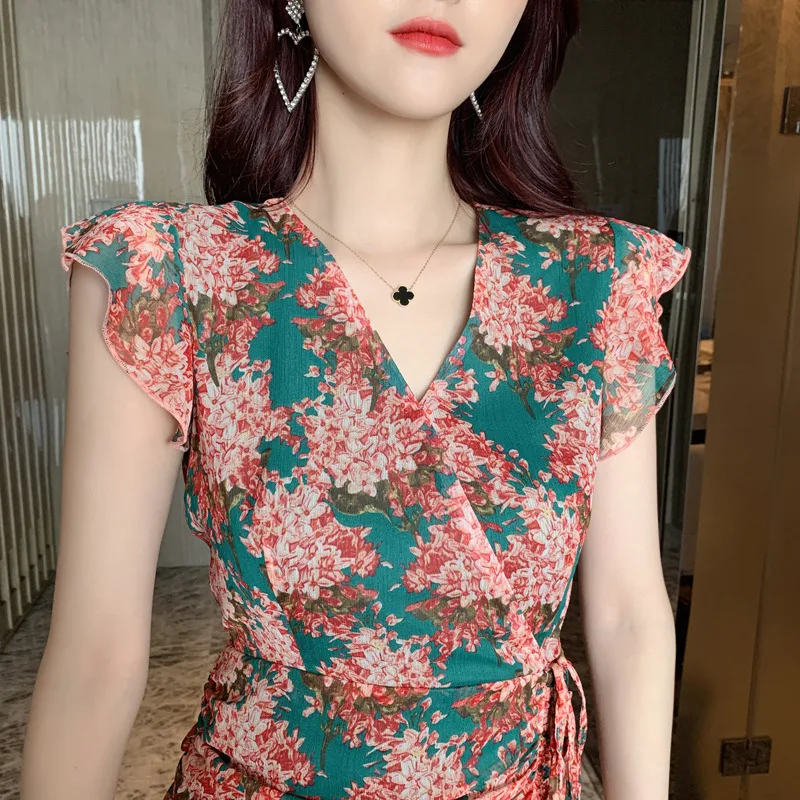 New Arrival 2020 Short Sleeve Trumpet Ruched Dress Ladies Green Floral Chiffon Summer Print Flower Casual Womens Dresses | Женская