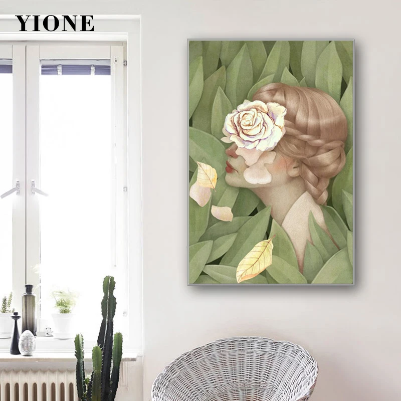 

Green Leaves with Flower Girl Canvas Art Poster Nordic Plants Figure Nude Painting for Bedroom Living Wall Picture Prints Decor