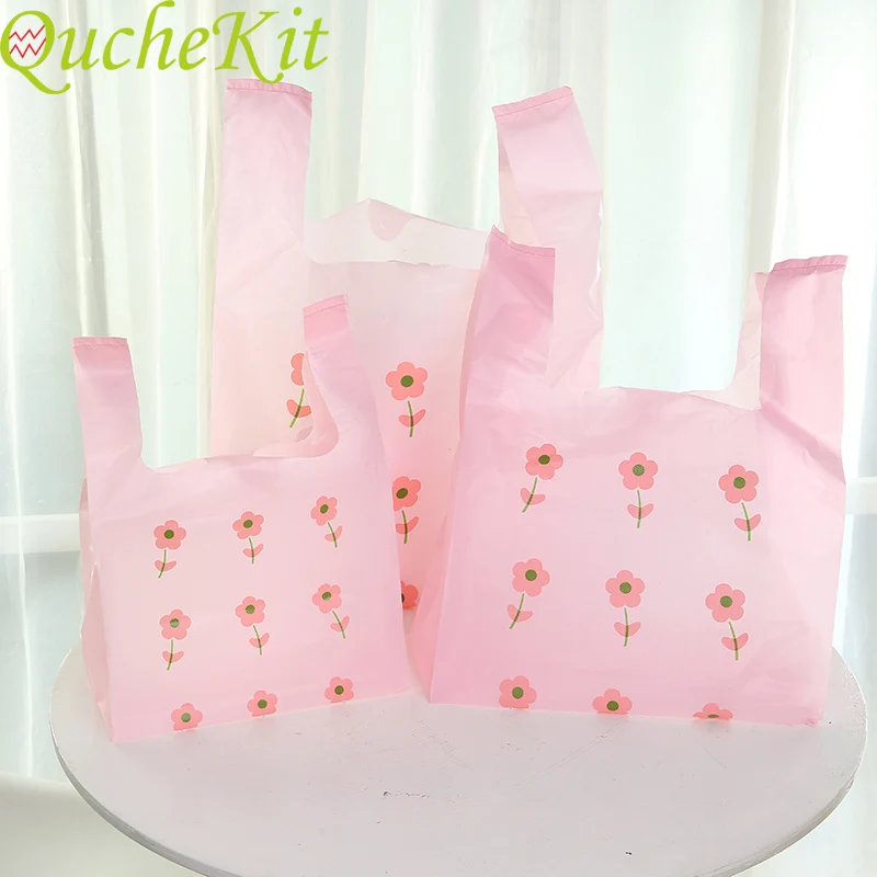 

50Pcs Vest Type Food Storage Bag Pink Flower Supermarket Shopping Plastic bags Kitchen Storage Organization Gift Cosmetic Bags