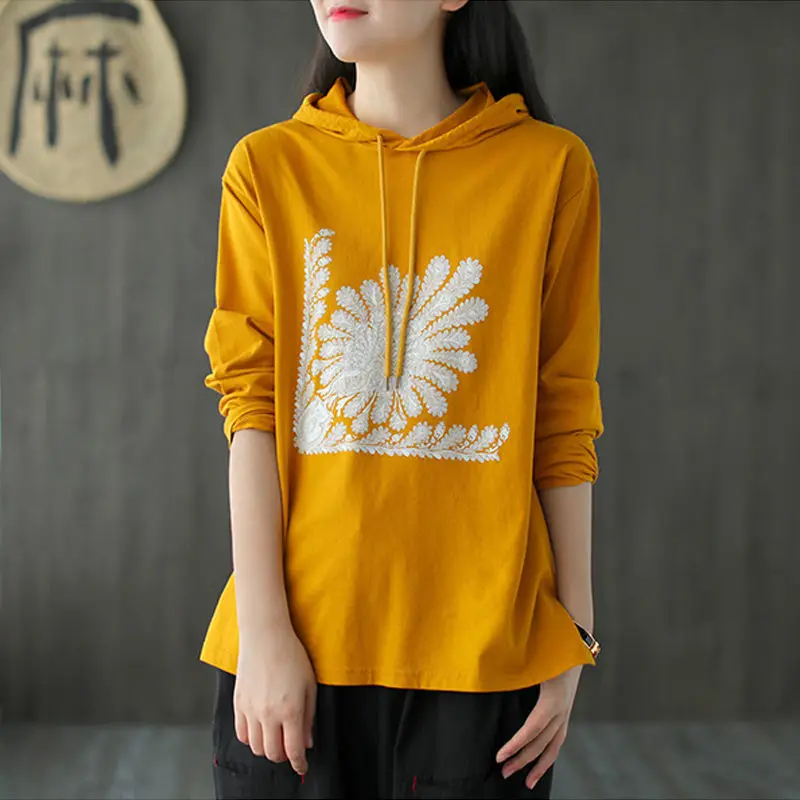 

Women Long-Sleeved T-shirt Pure Cotton Early Autumn Hooded for Women Tops Outerwear New Retro Artistic Loose Women Clothes