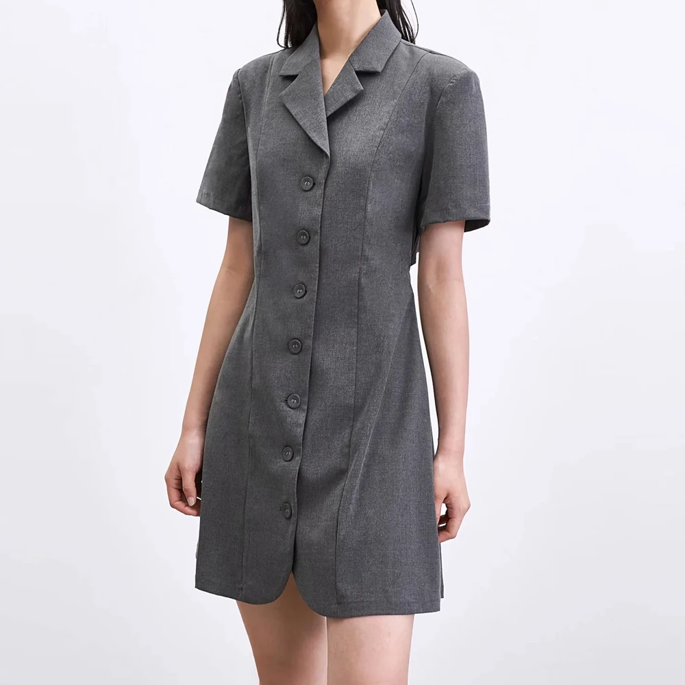 

2021 Summer women OL Single breasted lapel backless Dress Short Sleeve Mini Dresses sweet Office fashion Slim A-Line Vestidos