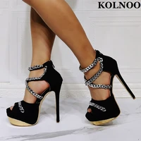 kolnoo new classic style handmade women high heels sandals peep toe chains deco real photos sexy platform evening fashion shoes