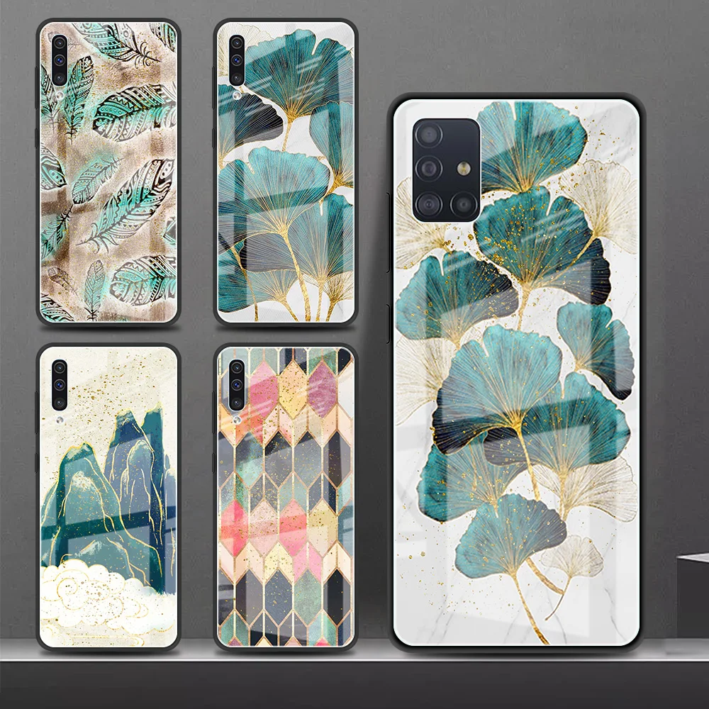 Glass Capa for Samsung A51 A71 A50 Case for Galaxy A21s A70 A31 A72 A30 A10 A52 A41 A91 A40 Ginkgo Leaf Gold Foil Art