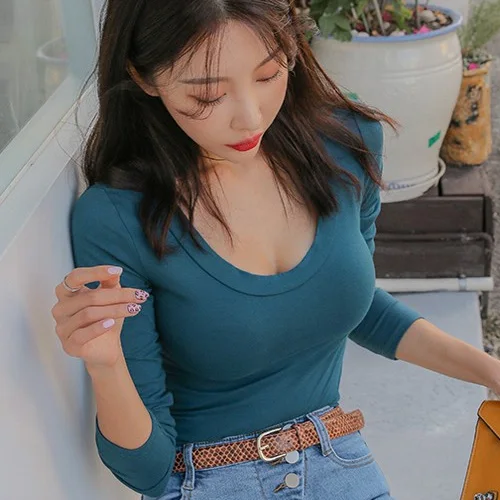 blue low U neck cotton Green Tight Sexy Tops Render Womens Tee Shirts Autumn T shirts Casual Ladies Long Sleeve shirt | Женская одежда