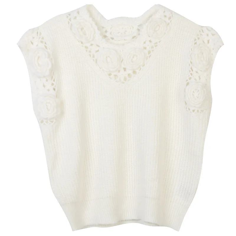 

SHUCHAN White Knit Sweater Vest Women Sleeveless Vintage Appliques V-Neck Floral Spring/Autumn Tank Top Sweater