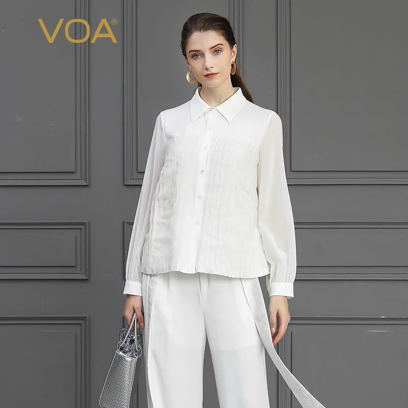 VOA однотонные белые 100% шелковая блузка Для женщин женские офисные топы рубашки