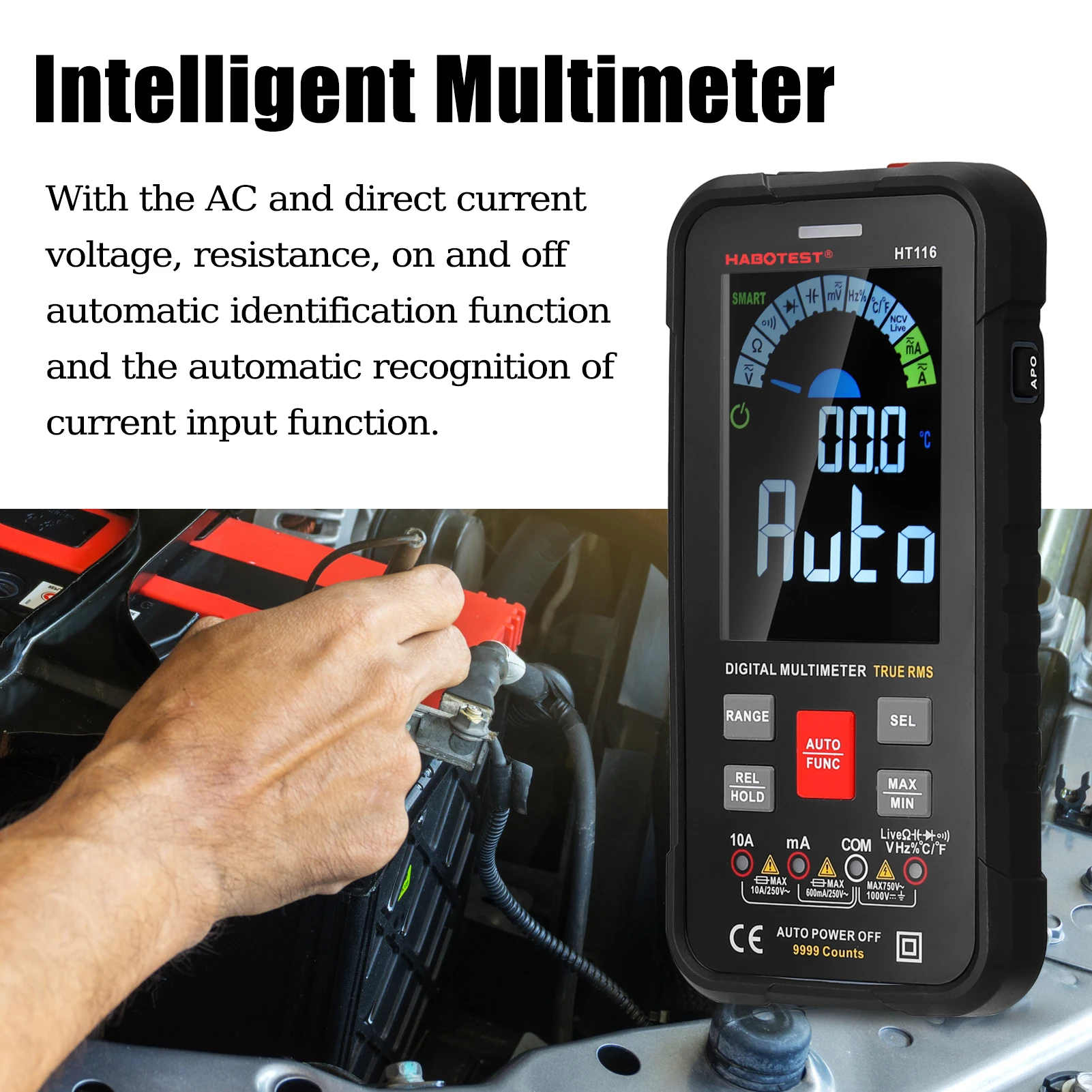 

HABOTEST HT116 Multimeter VA 9999 Counts with Flashilight Ture RMS NCV Direct Current AC Capacitance Duty Ratio Diode Live Test