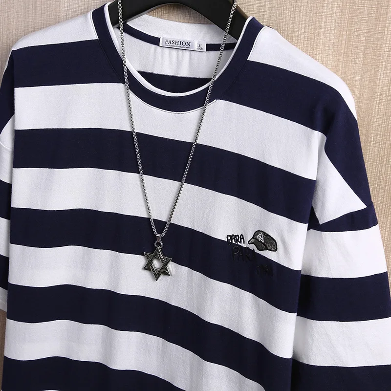 Stripe T-shirt men's short sleeve stitching embroidery clothes half sleeve men