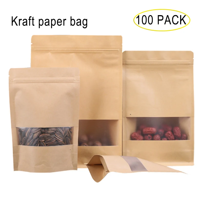 Bolsas de papel Kraft de pie con ventana, bolsas Ziplock para aperitivos, alimentos, nueces, selladas, embalaje de alimentos con muesca de desgarro, 100 unids/lote