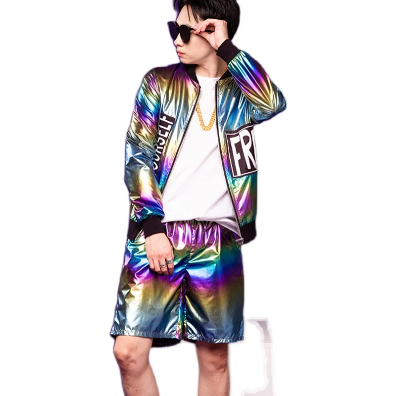 

Colorful Baseball Jacket Male Nightclub DJ Singer Suit Long Sleeves Coat Pants Men'S Hip Hop Dance Costume Stage Outfit VDB2582