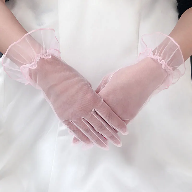 

1 Pairs Women Gloves Lace Full Finger Gloves Short Tulle Gloves Etiquette Gloves Stretchy Lotus Leaf Sheers black Mittens