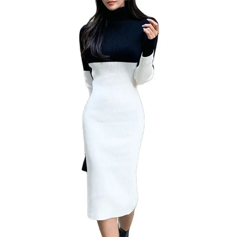 

Temperament knitted dress 2021 winter new high-neck color-block sweater dress Korean fashion women's clothing