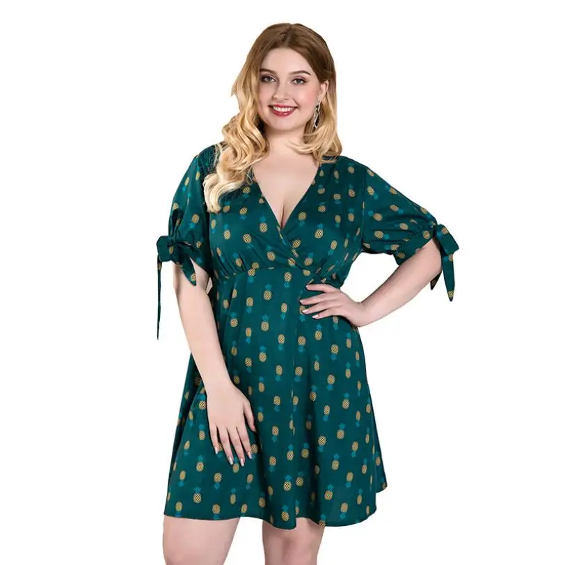

2021 Plus Size Women's Green Dress Fashion Fruit Print Bow Ladies Dress Commuter Slim Skirt Dress for Women