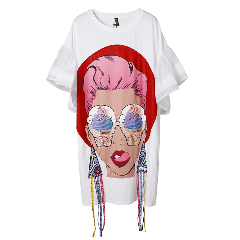 Свободного кроя с рисунком героев мультфильмов футболка бахромой и блестками