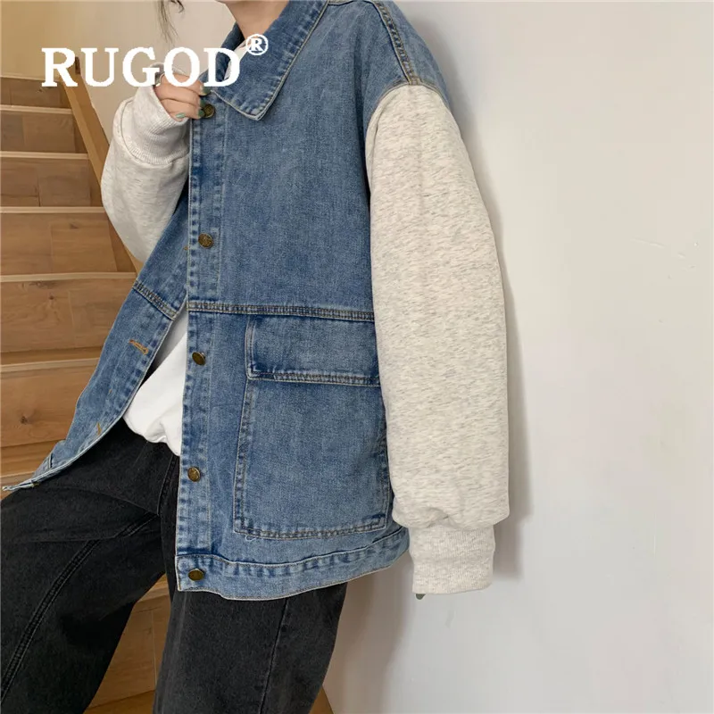 Женская джинсовая куртка RUGOD Повседневная Свободная Толстовка с имитацией