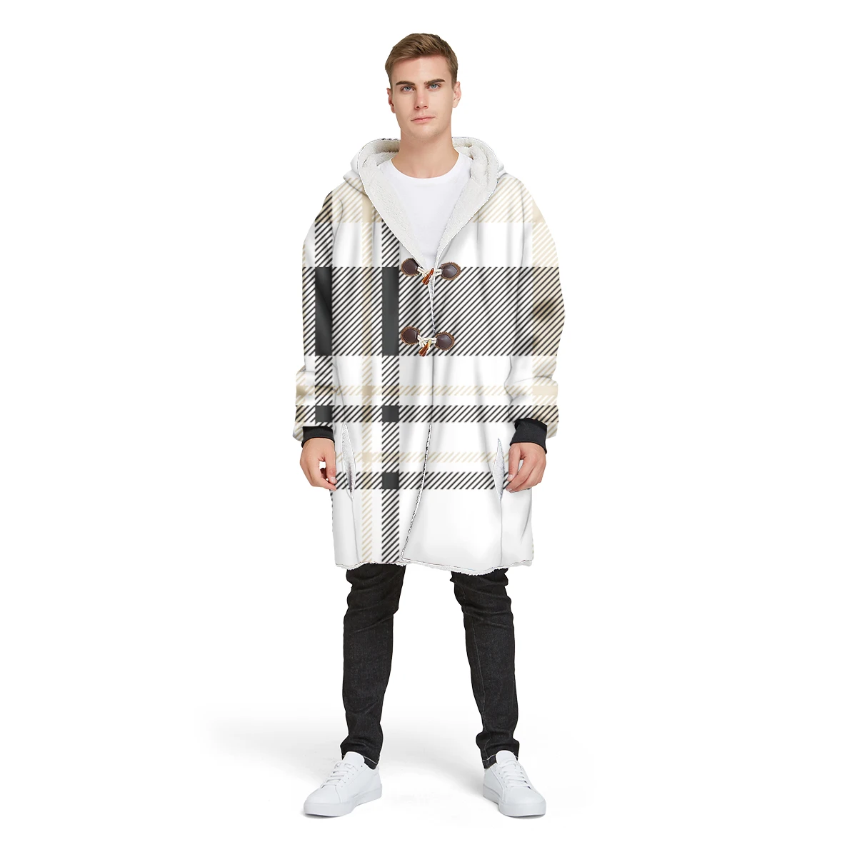 

2019 new brand 3D print custom design man's Sherpa coat loose long winter plus velvet jacket 100% polyester hooded warm CL05