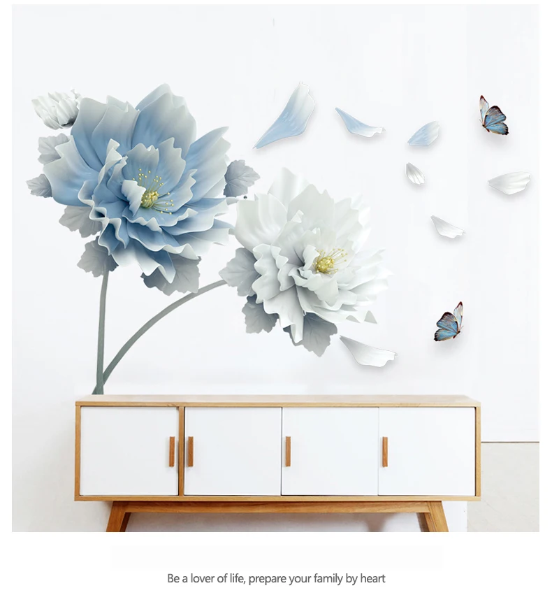 Large White Blue Flowers Lotus Butterfly Removable Wall Stickers 3D Wall Art Decals Mural Art for Living Room Bedroom Decor