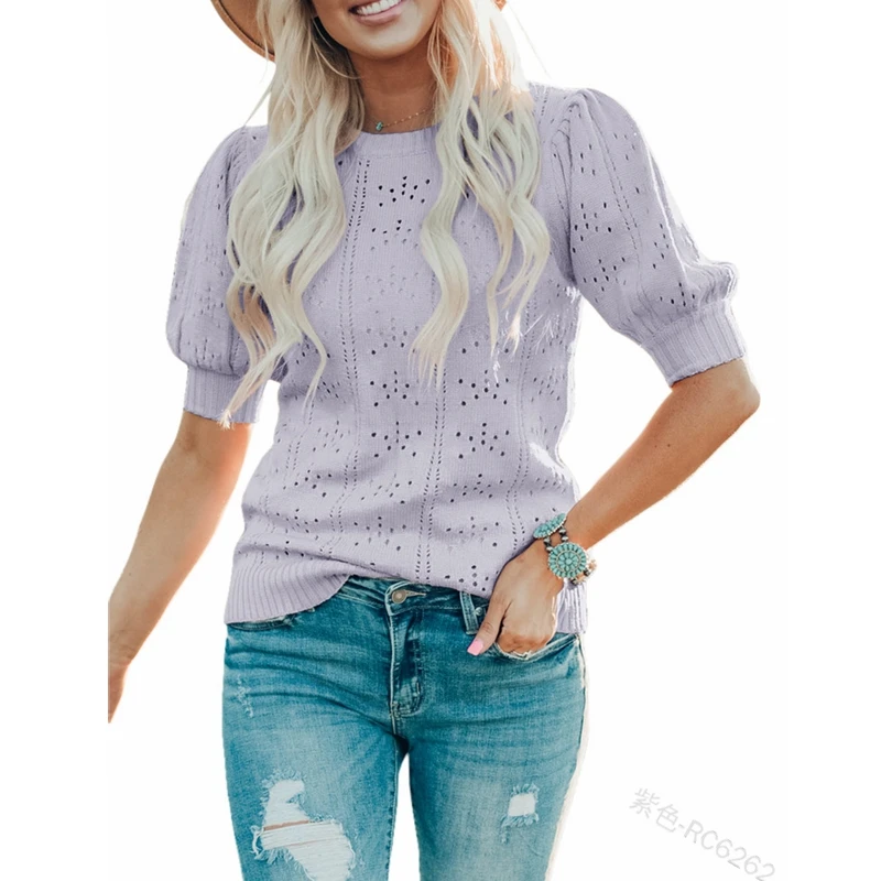 

WEPBEL Hollow Out Solid Color Sweater Women's Casual Loose Sweater Summer Half Puff Sleeve O-Neck Knitted Sweater Top