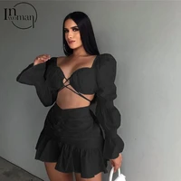 inwoman autumn sexy black white 2 two piece sets women skirts 2021 square neck long sleeve crop top ruched bodycon skirts suits
