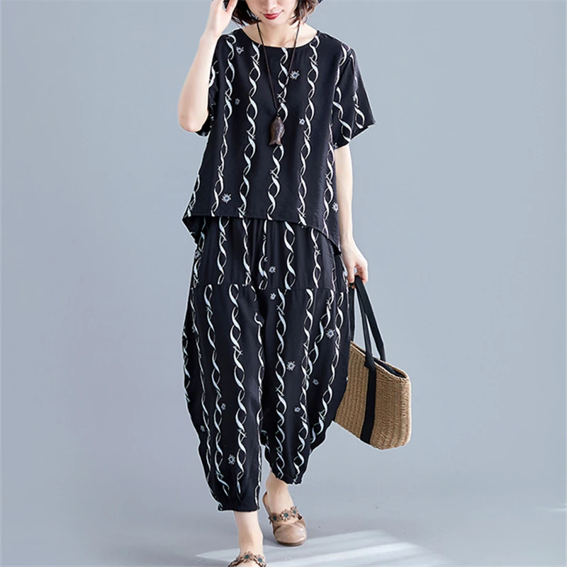 

2021 Summer New Fashion Plus Size Women's Loose Cotton And Linen Short-Sleeved Top + Harem Pants Two-Piece Female Trend H104