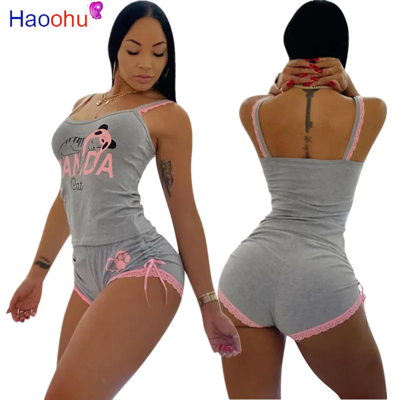 

HAOOHU 2021 Spring Letter Print Sleeveless 2 Piece Set Women Pullover vest and Shorts Tracksuit outfits