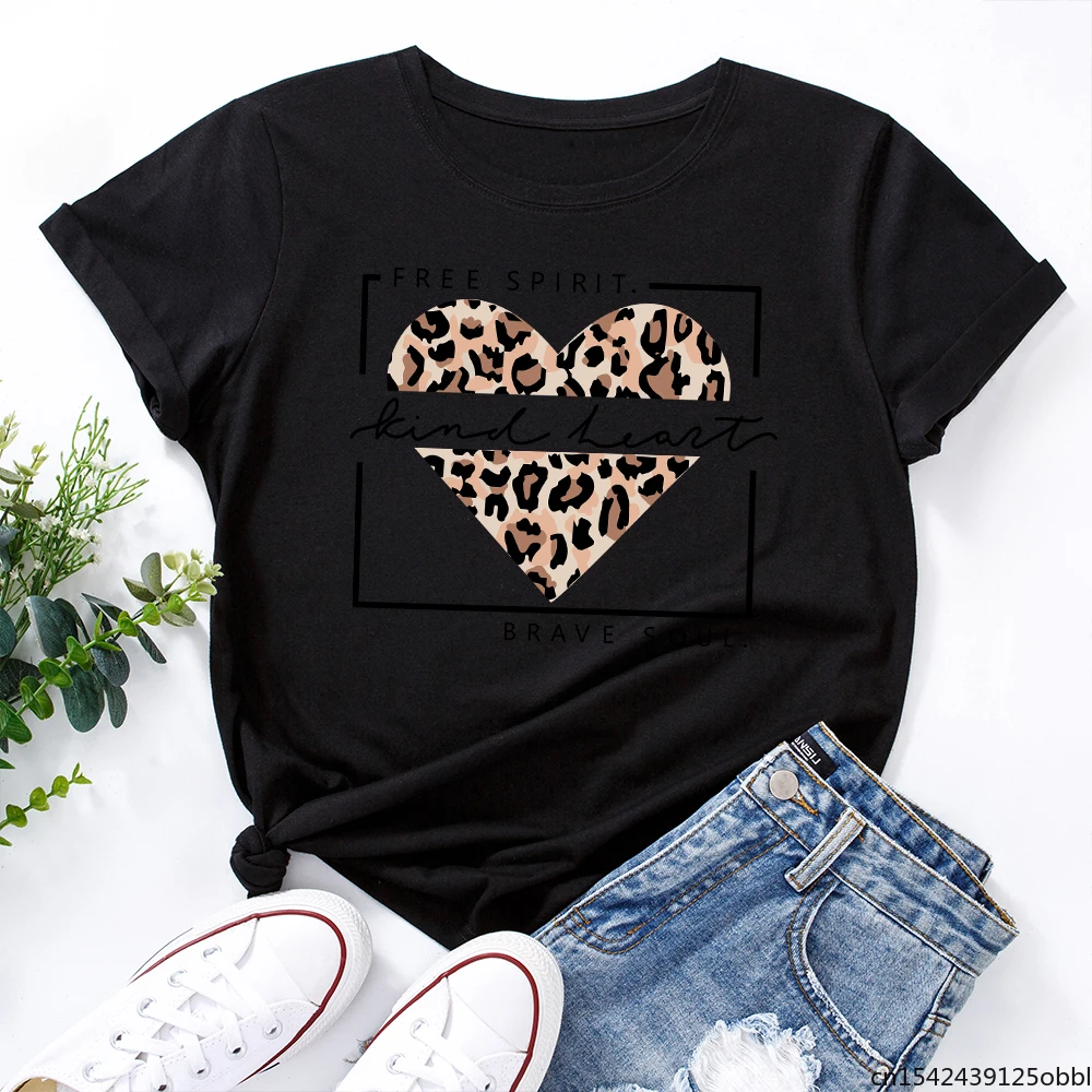 

Leopard Love Heart Free Kind Spirit Brave Soul T-Shirt Female Graphic Funny Short Sleeve Summer Tops