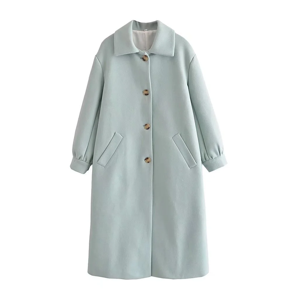 

Women Wool Jacket 2021 Fashion Single Breasted Loose Woolen Coat Vintage Puff Sleeve Welt Pockets Female Outerwear Chic Overcoat