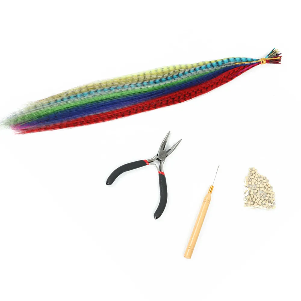 Набор для наращивания волос из 35 синтетических перьев 100 бусин плоскогубцы 1