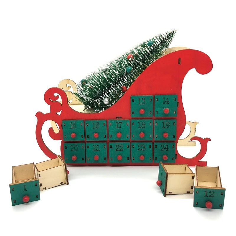 

Christmas Sleigh Tree Wooden Advent Calendar Countdown LED Party Decor 24 Drawer