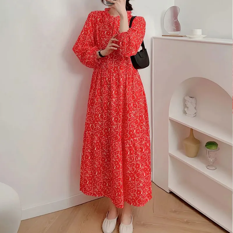 

Elegant Print Long sleeve Summer Dress Loose Casual Round Neck Women Long Dress High Waist Vintage Party