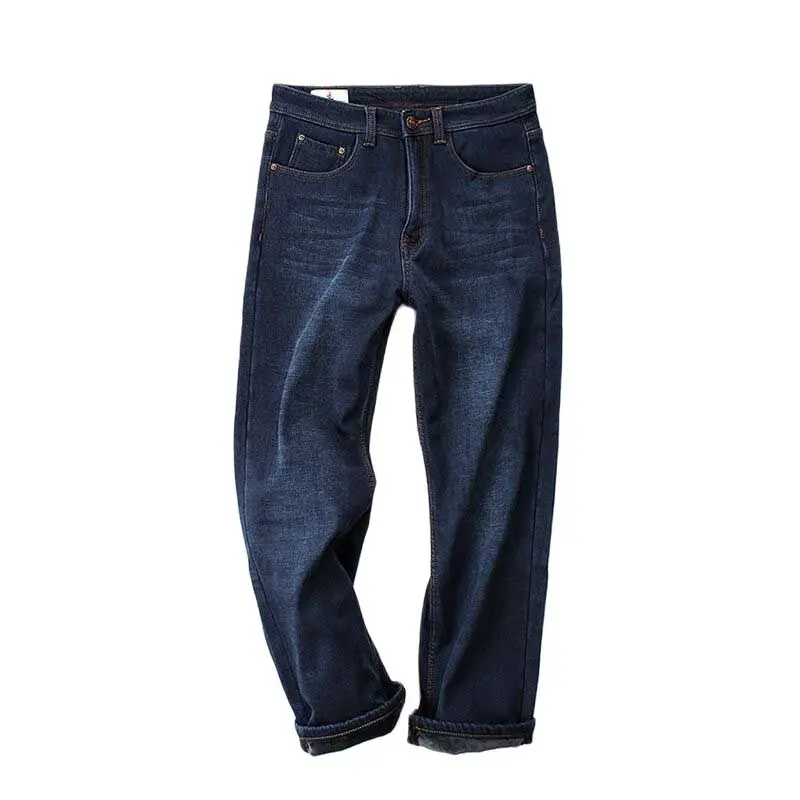 Осень зима теплые флисовые джинсы брюки Для мужчин повседневная брендовая