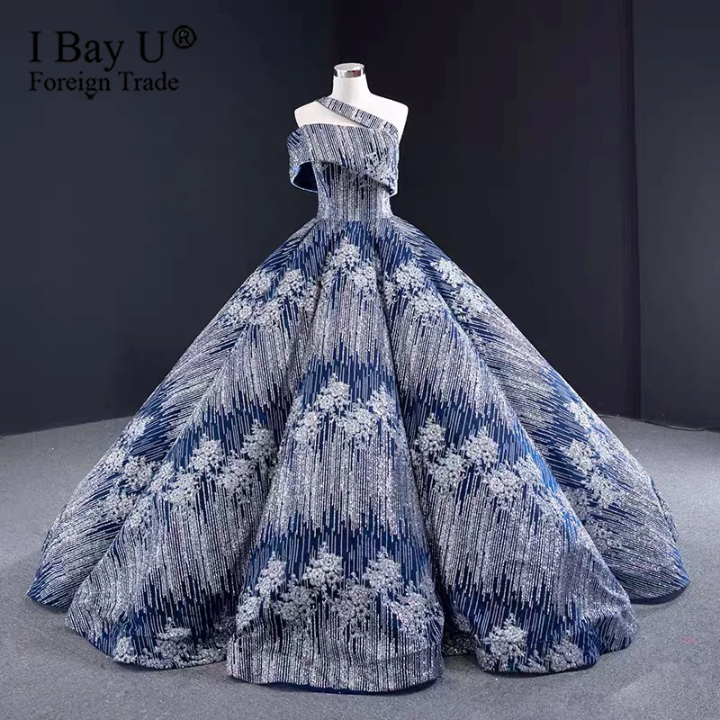 Dubai Navy Blue Sexy Luxury Wedding Dresses 2020 Sequined Bridal Gowns Custom Made