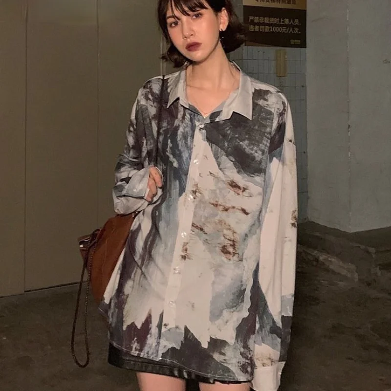 

Шифоновая Блузка с абстрактным принтом, однобортная рубашка с отложным воротником и принтом чернил, Укороченный кардиган оверсайз с длинны...