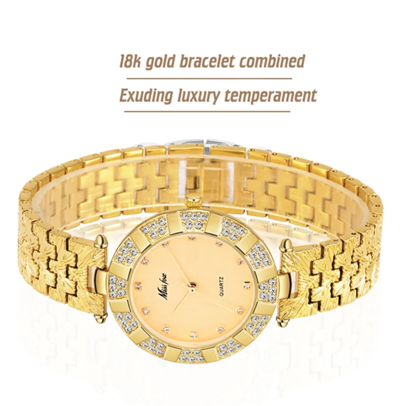 Часы женские кварцевые водонепроницаемые с золотым браслетом и бриллиантами |