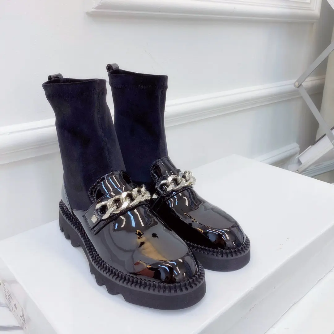 

Casual Designer Women Chelsea Boots Black Genuine Leather Slip On Chains Thick Sole Short Booties Zapatos Mujer Martin Boots