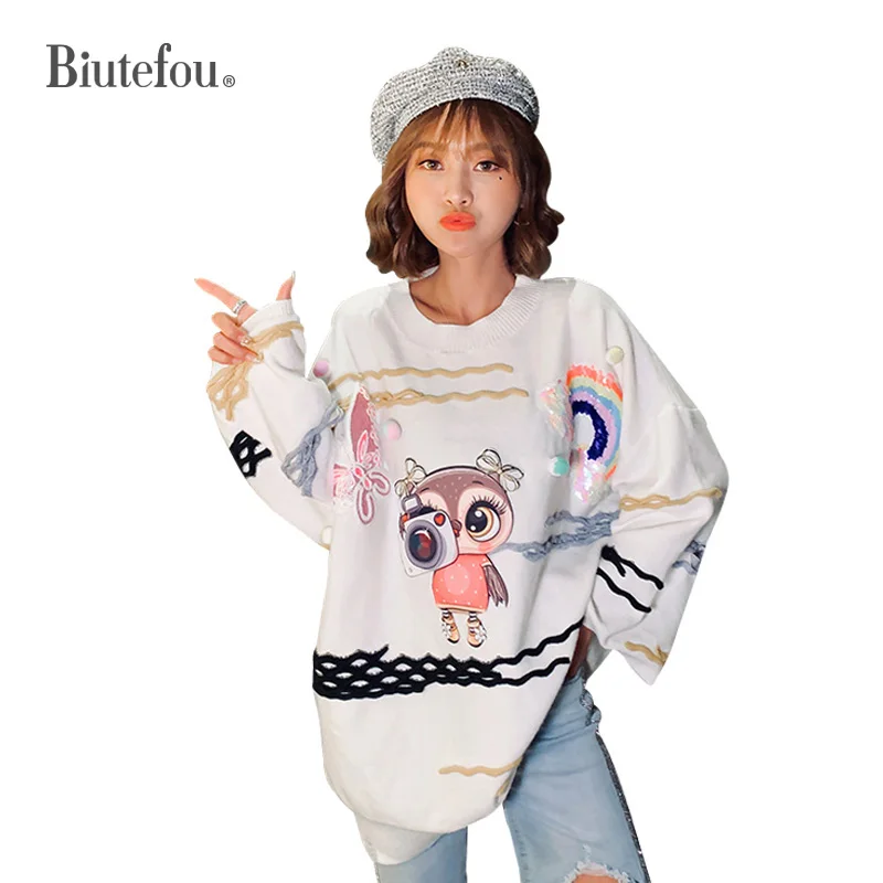 2019 осень мультфильм печати свитера с блестками Модные женские шикарные | Женская
