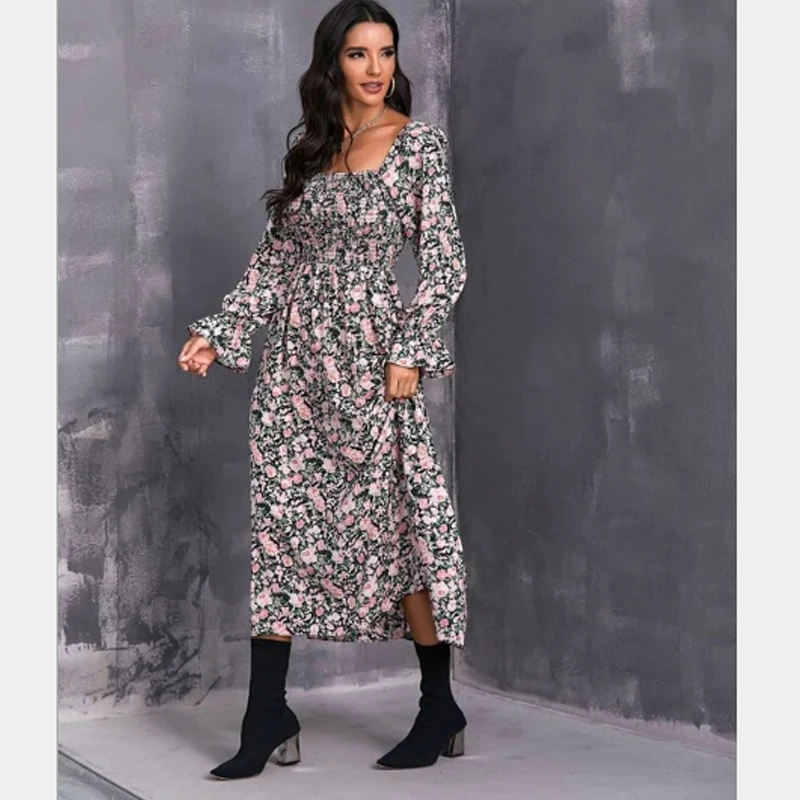 

Sexy Floral Print Dress Square Collar Long Sleeve Midi Dresses Women 21 Summer Spring Elegent Sundress Female Feminina CX1587