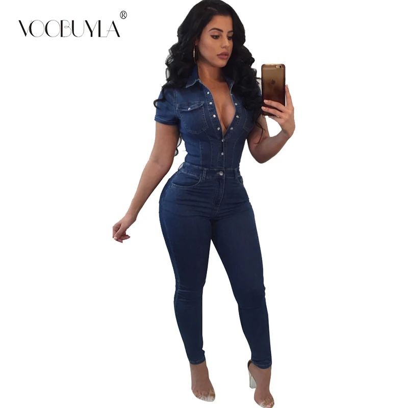 Женский цельный комбинезон из джинсовой ткани с коротким рукавом батальных