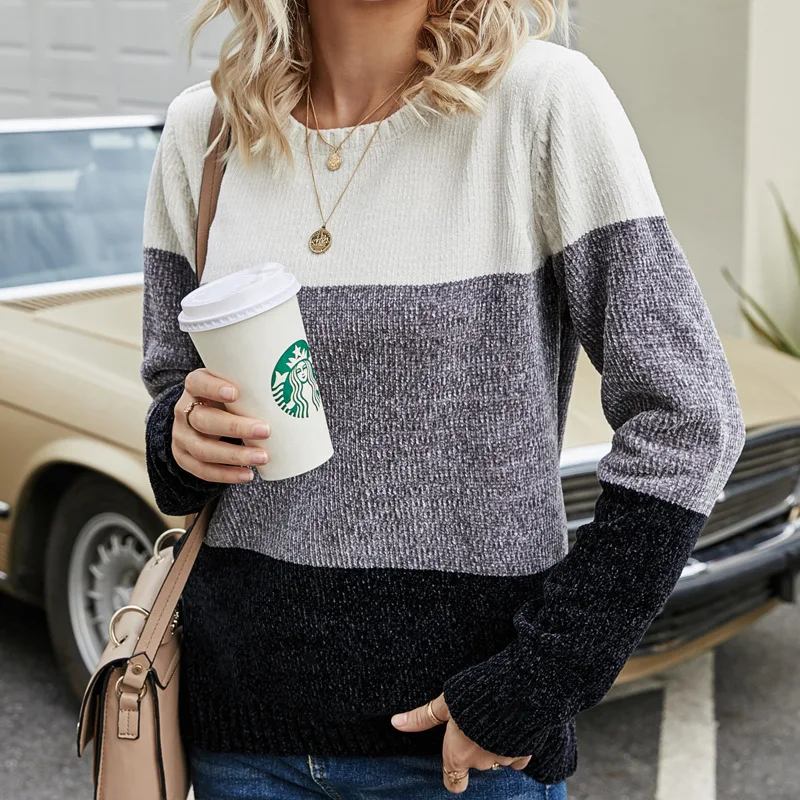 

2021 new European and American women's striped contrast color pullover sweater long sleeve loose round neck sweater women