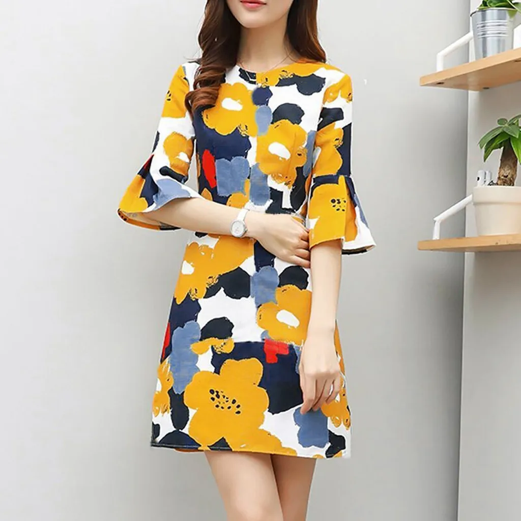 Женское мини платье с цветочным принтом летнее ТРАПЕЦИЕВИДНОЕ Платье туника