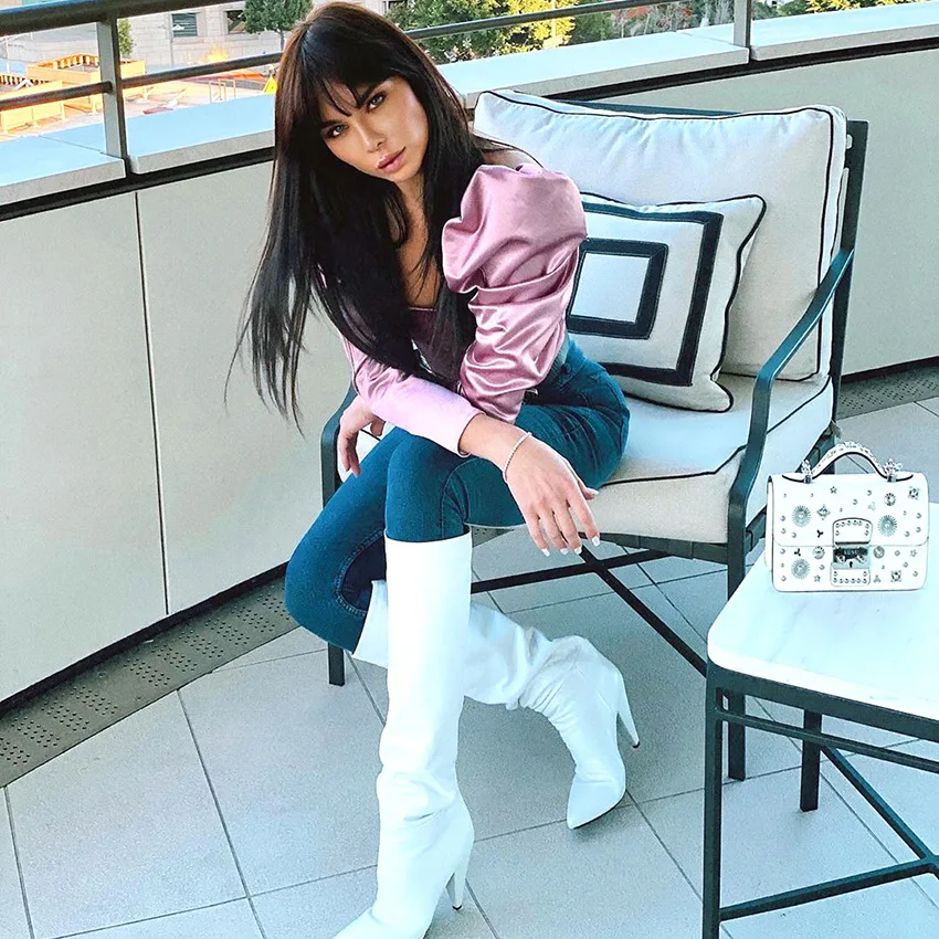 IEMUH Сексуальная шелковая фиолетовая блузка с буфами на рукавах элегантная