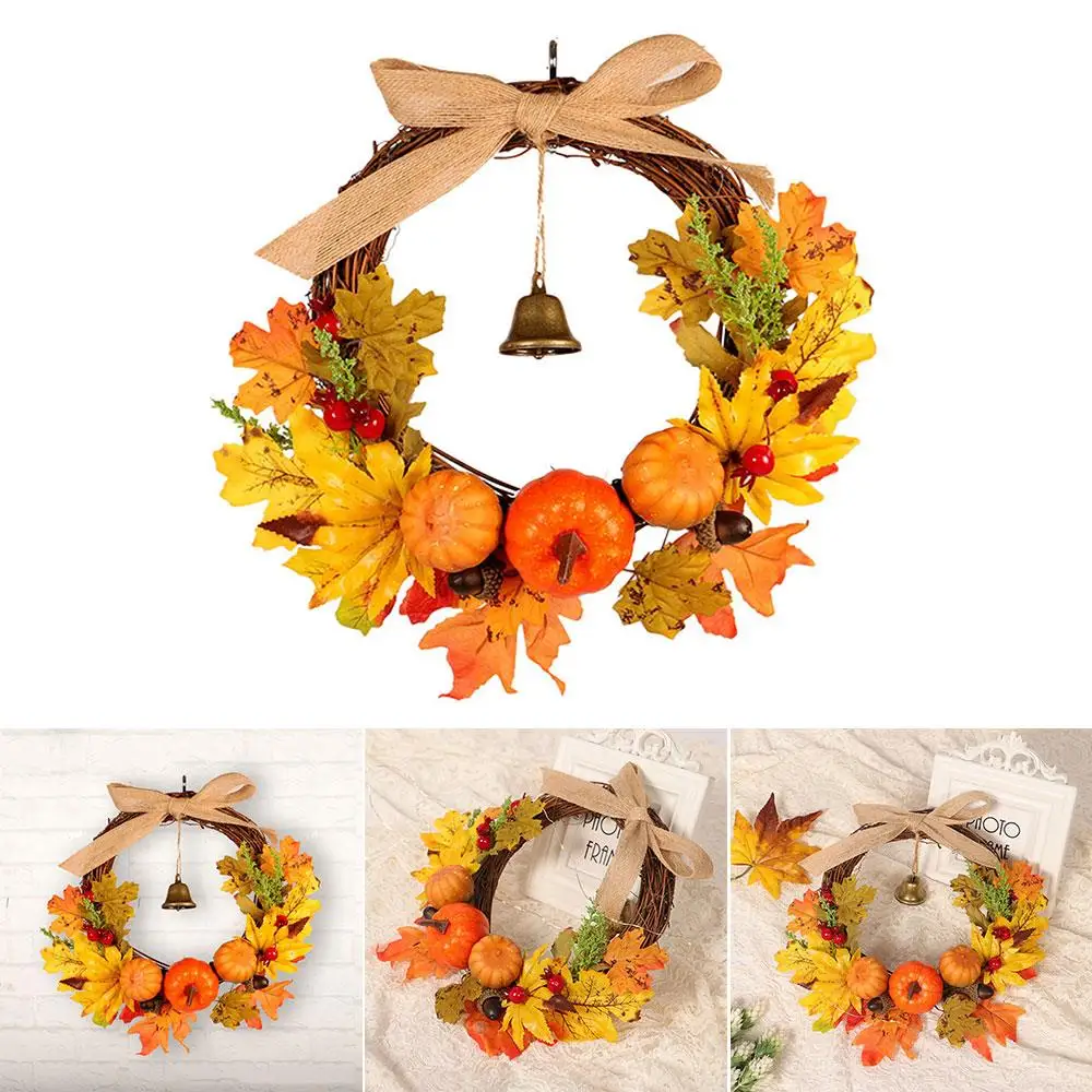 

Halloween Autumn Artificial Pumpkin Maple Leaves Wreath Fall Decorations Colorful Front Door Decor for Christmas