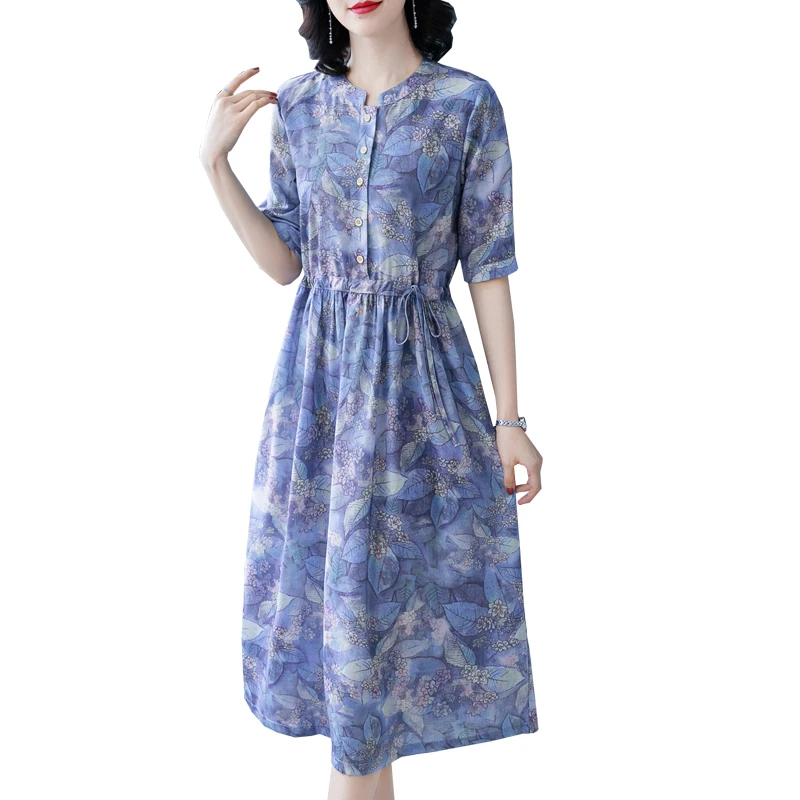 

Blue printed dress summer new cotton linen Loose five-point sleeves slim temperament Mid-length large size Vestidos D350
