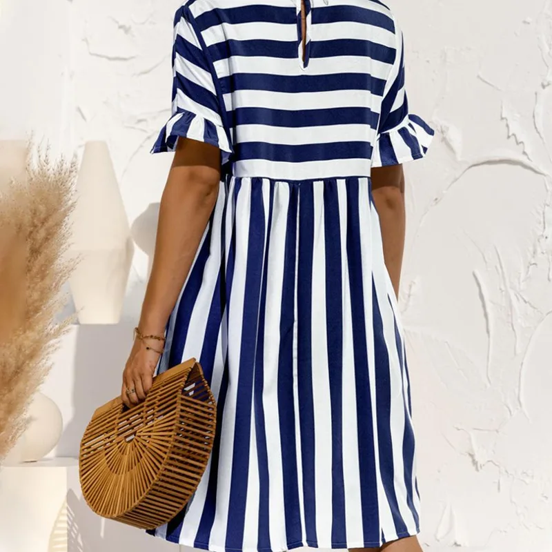

Women Elegant Ruffle Sleeve Striped Patchwork A Line Dress 2021 Summer Casual High Waist O Neck Loose Pocket Dress Beach Wear