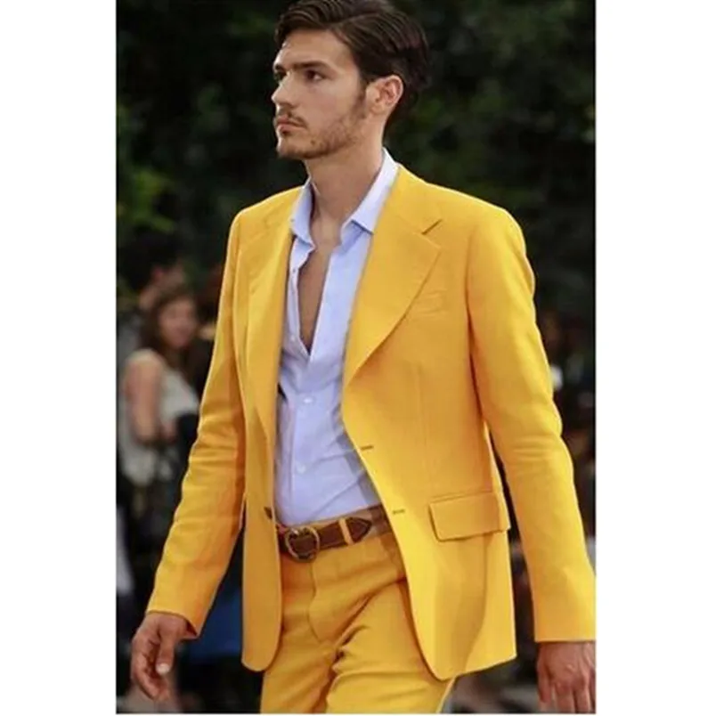 

Fashion Yellow Groom Tuxedos Men Suits Wedding Tuxedos Men Prom Party Wear Groomsmen Suit For Wedding (Jacket+Pants)