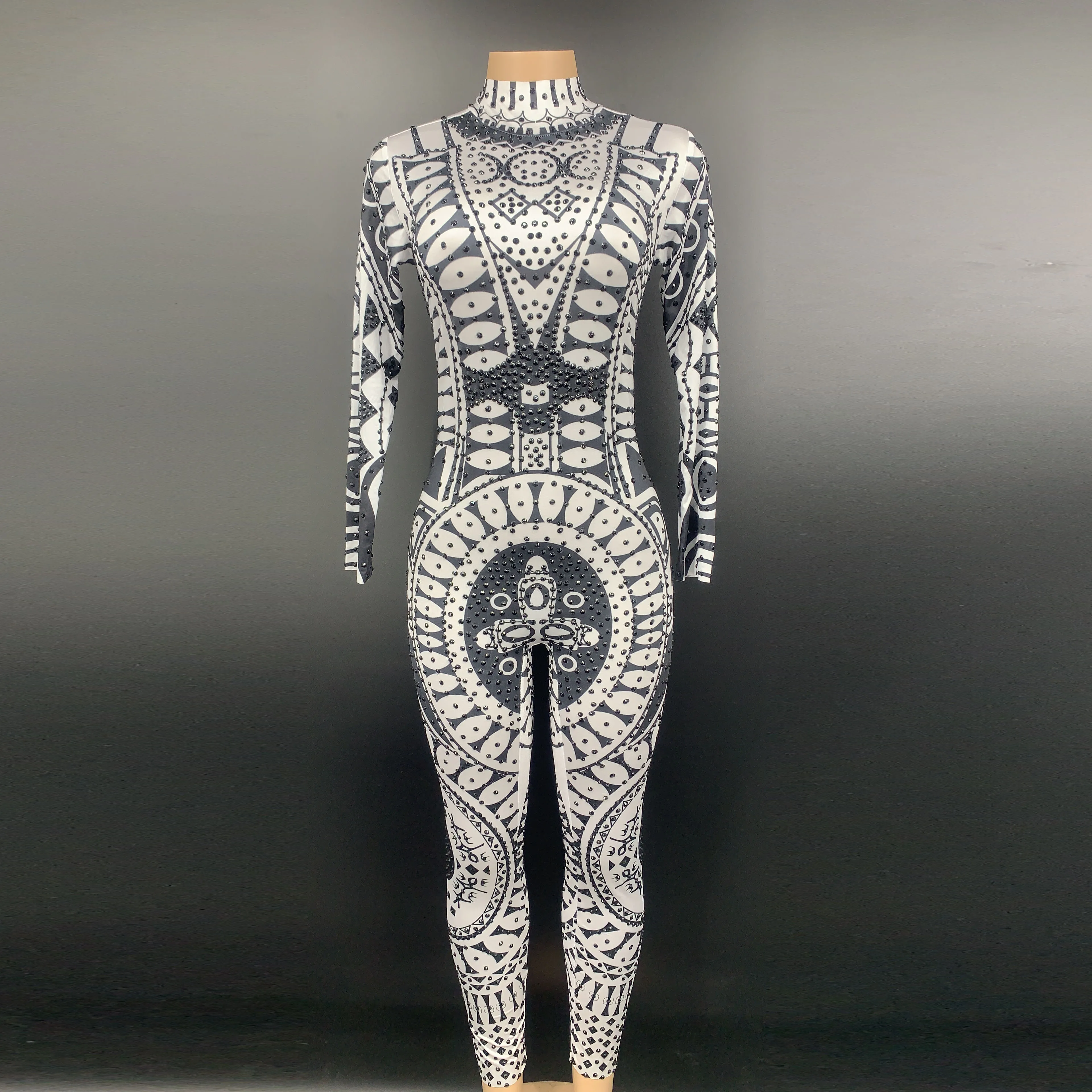 

2020 White Black Rhinestones Pattern Spandex Jumpsuit Women Dance Bar Singer Celebrate Outfit Leggings Prom Outfit