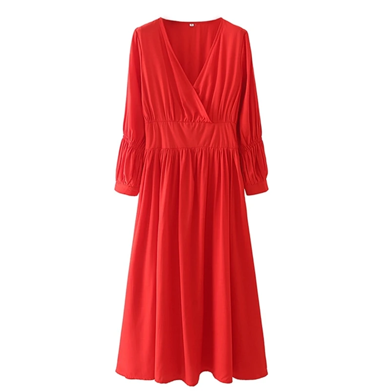 

Women Maxi Dresses Casual French Style Red Long Dress V Neck Long Sleeve Ladies Elegant Dress Vestidos 2021