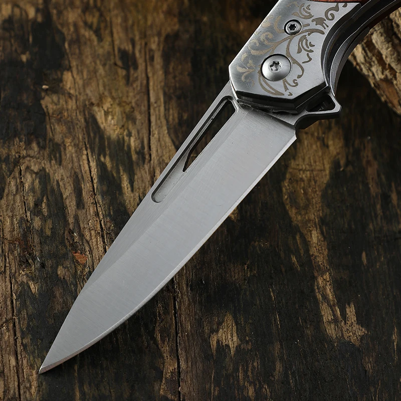 

Woodhandle steel head carved D2 steel blade folding knives outdoor self-defense EDC camping hunting survival tactical tool knife