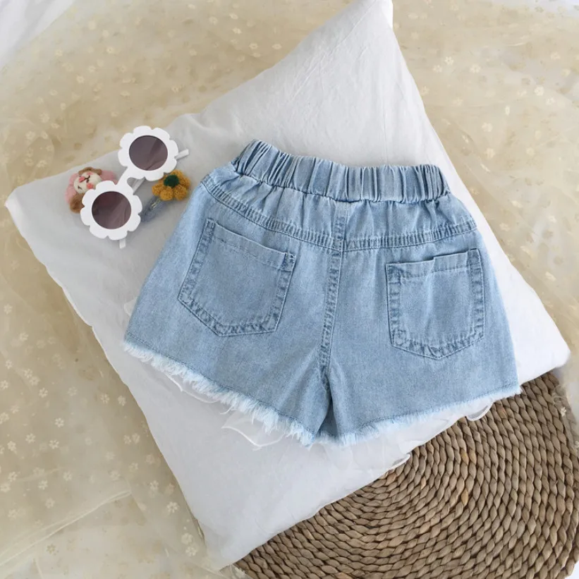 Пляжные штаны для девочек Джинсовые шорты с жемчужинами маленьких Кружевные