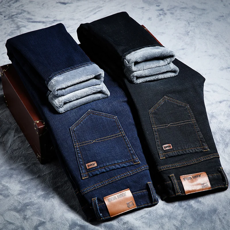 

2021 Men Winter Warm Snow Stretch Straight Fleece Jeans Male Business Baggy Denim Trousers Thicken Plush Cool Pants Plus Size 40
